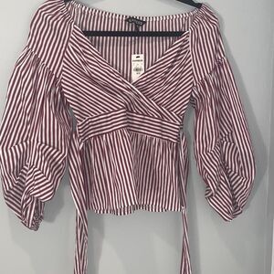 NWT Express Women's Preppy Striped Wrap Blouse Puffed Sleeves Top Red White XS